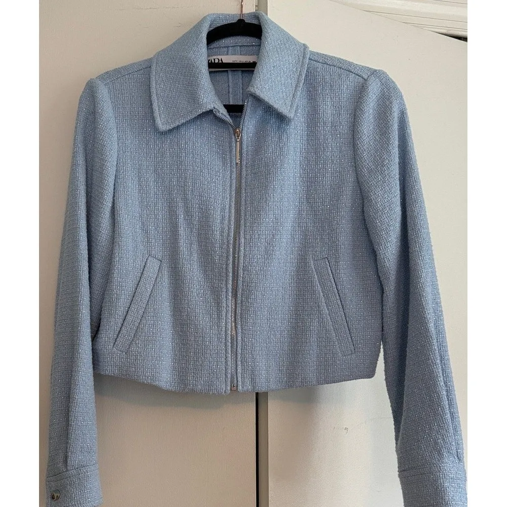 ZARA Blue Tweed‎ Sparkle Cropped Moto Jacket Women's Size S | Twee | Coquette - Image 7