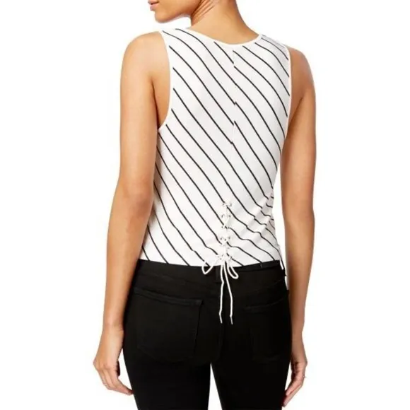 Kensie Jersey Striped Crop Lace-Up Back White Top - Image 2