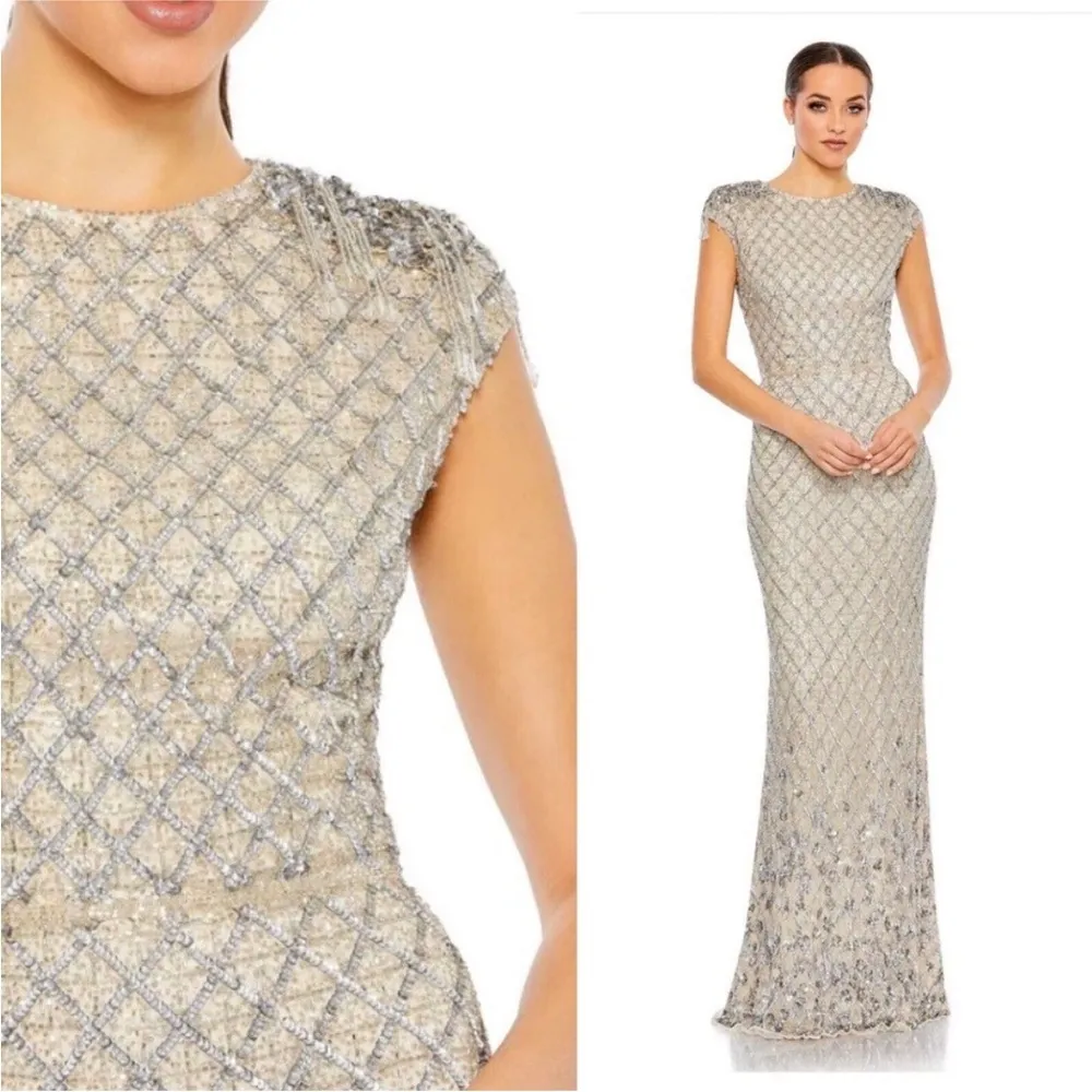 Mac Duggal 5642 Silver and Beige Embellished Crystal Cap Sleeve Column Gown 12 - Image 4