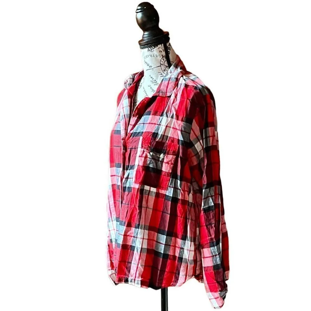 PINK Victoria’s Secret Women’s Plaid Pajama Top L Red Button Up Flannel Lounge - Image 3