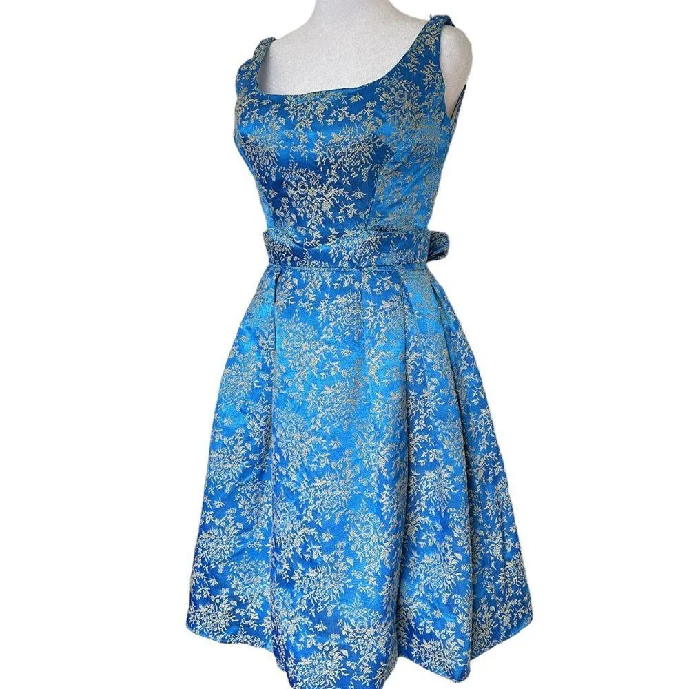Vintage Blue Silk Brocade Pegged Dress and Shrug Handmade Size XS - Image 3