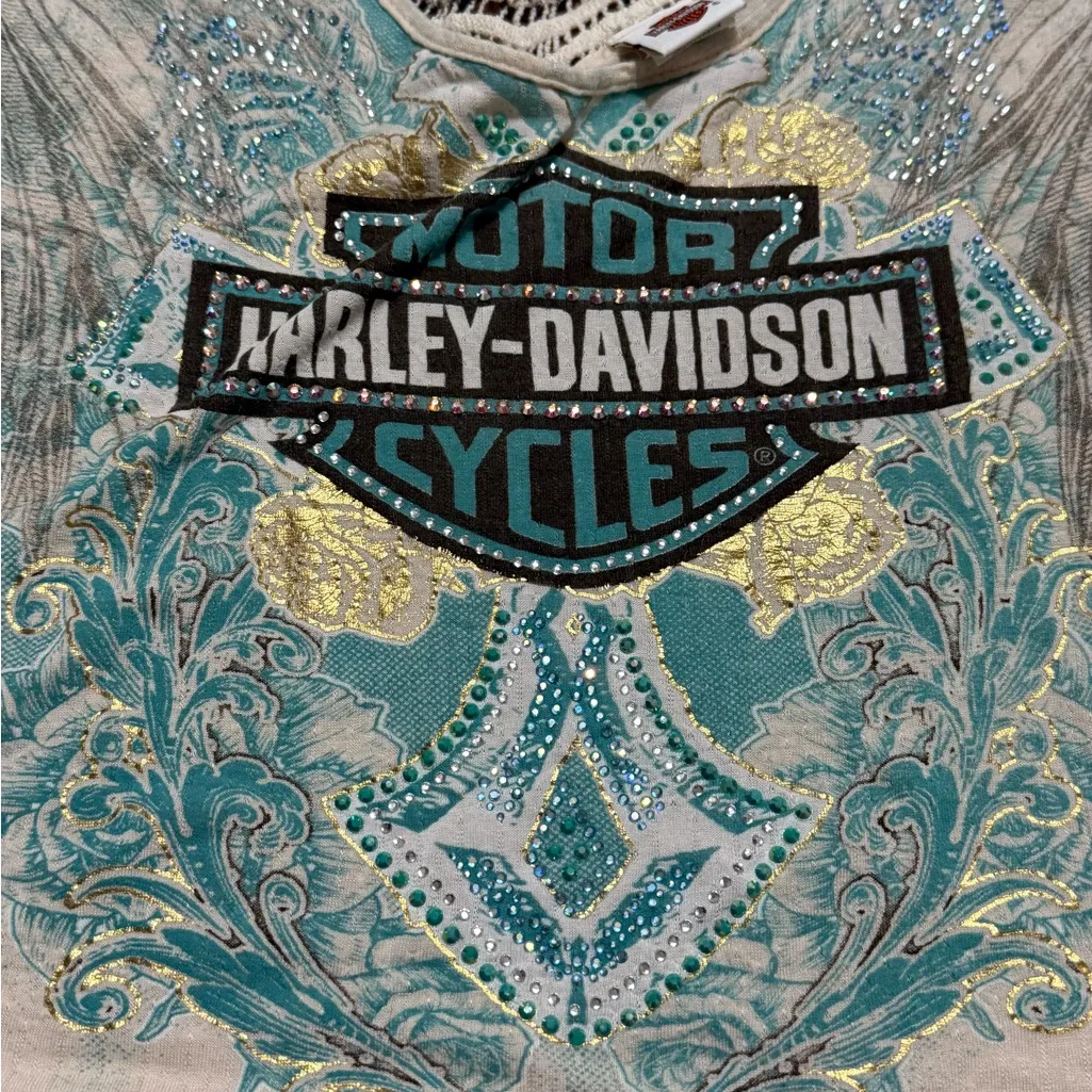 Harley-Davidson Graphic Top Crochet Back Detail /Beaded Metallic in Front Sz L - Image 9