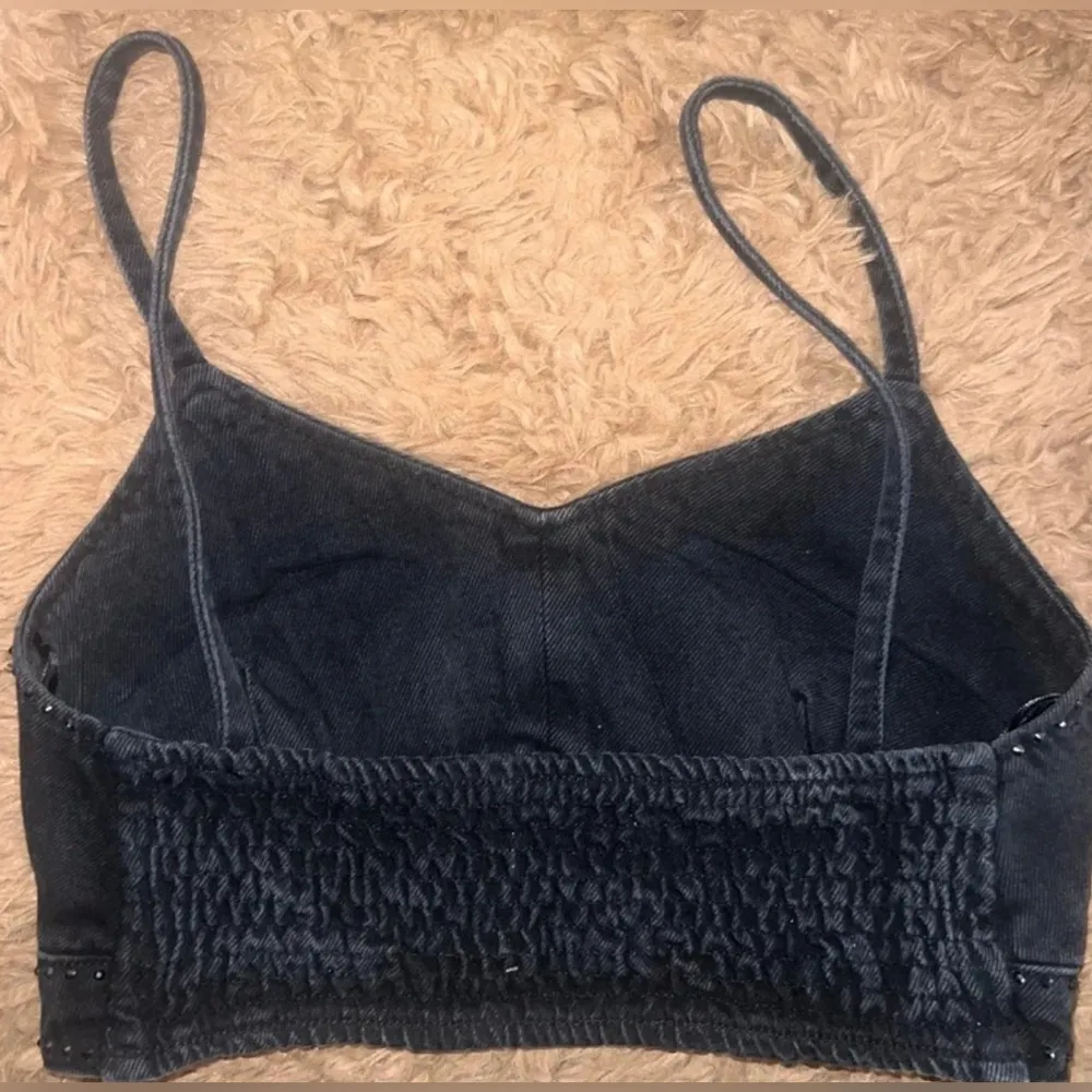 Zara Denim Diamante Crop Top Black Jean Rhinestone Bralette small - Image 5