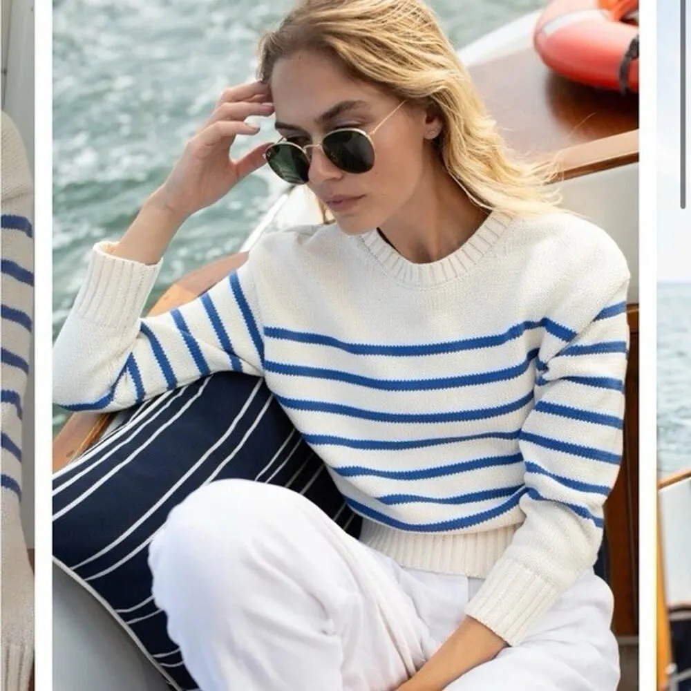 Marea by Liz Joy Lake Sweater Medium Striped Sailor Coastal Tennis Quiet Luxury Blue - Image 3