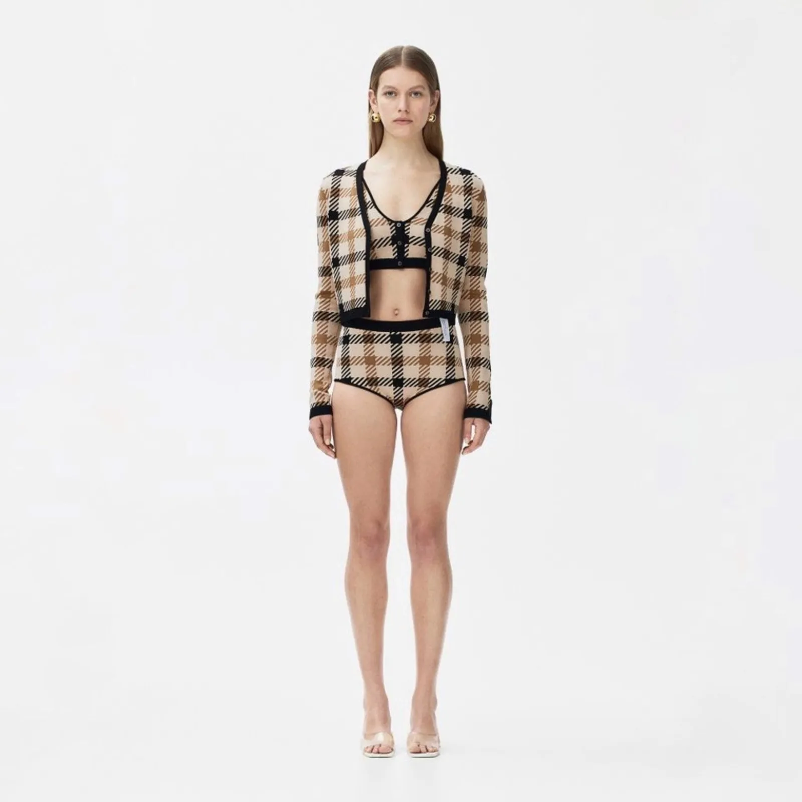 Rokh x H&M Jacquard-Knit Mini Shorts in Light Beige/Plaid | Size M - Image 2