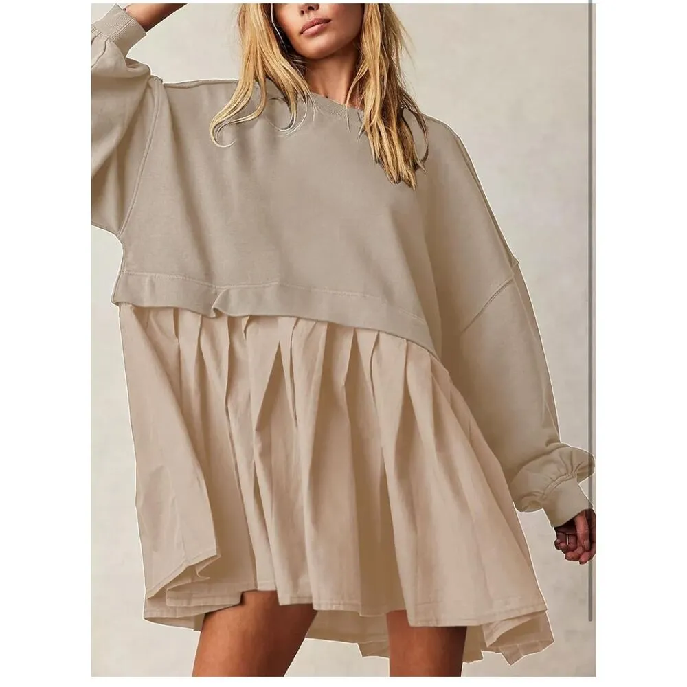 NEW Crew Neck Pullover Oversized Sweatshirt Mini Dress L Tan Size L - Image 5