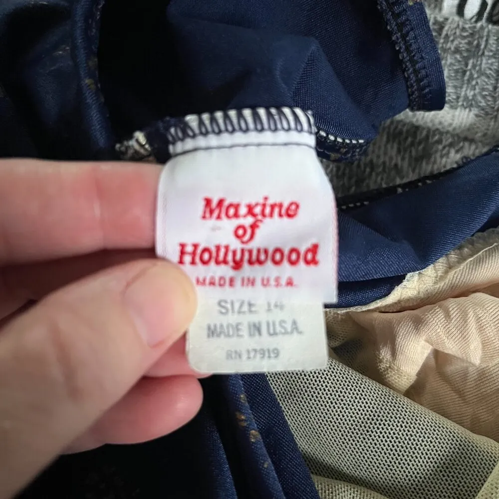 Vintage Maxine of Hollywood shirred girl leg one-piece, navy with gold f… - Image 5