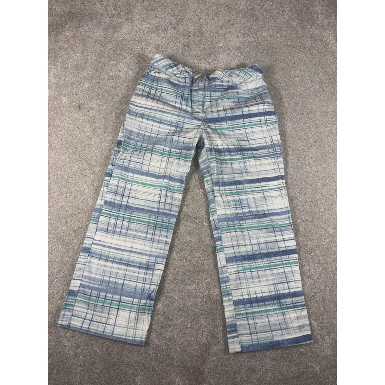 St John Sport Pants Womens 6 Marie Gray Plaid Print Cotton crop Blue - Image 2