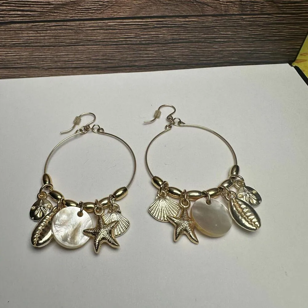 Alex and Ani Beachcomber Dangle Drop Pierced Earrings Seashell Charm Gold Tone - Image 9