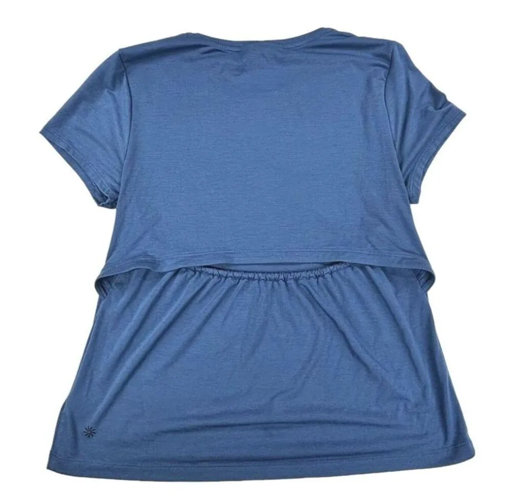 Athleta Air Out Cinch Tee Blue S/S Scoop Neck Elastic Cut-Out Back Women's Small - Image 3