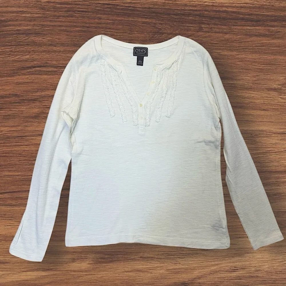 Chaps V-neck Burnout T-shirt Women’s Large white ruffle tee long sleeve cotton - Image 6