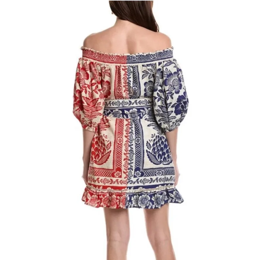 Farm Rio Anthro Women’s Mixed Pineapple Red Blue Off Shoulder Garden Mini Dress - Image 6