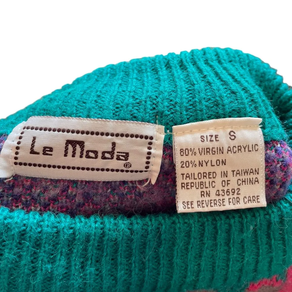Le Moda Vintage 90s Bright Teal Pink Tropical Coastal Boho Floral Leafy Sweater - Image 6