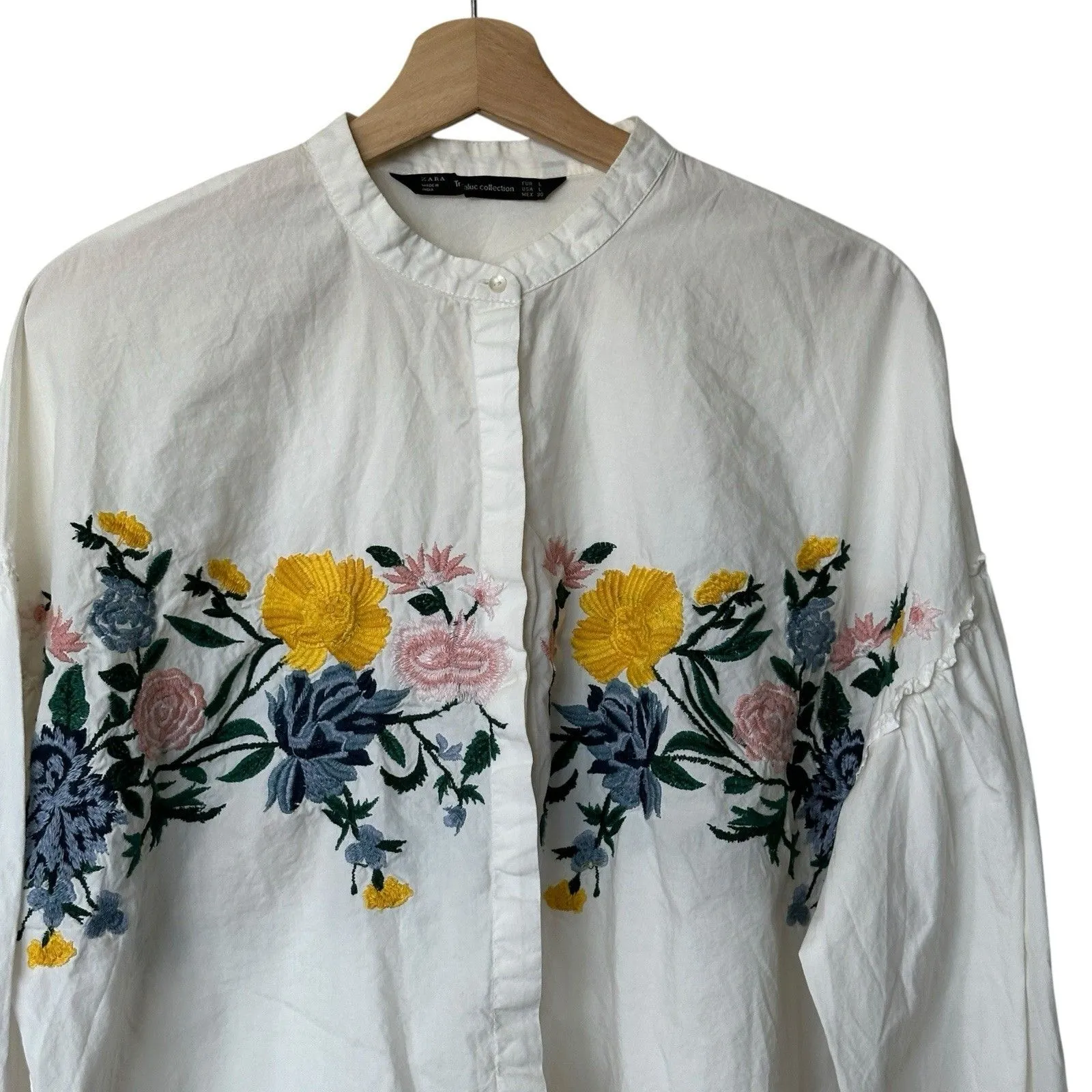 ZARA L White Floral Embroidered Ballon  Sleeves Peasant Relaxed Blouse Top - Image 5