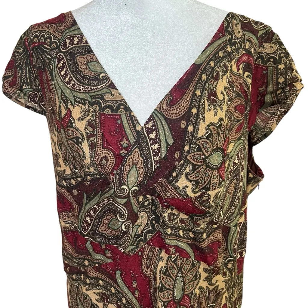 LOFT Paisley Boho Long Dress Cap Sleeve Size 16 Wool Blend Lined Surplice Modest - Image 2