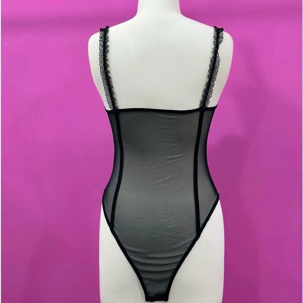 Black Mesh Bodysuit with Lace Straps and Ruffled Cup Details Size L - Image 4