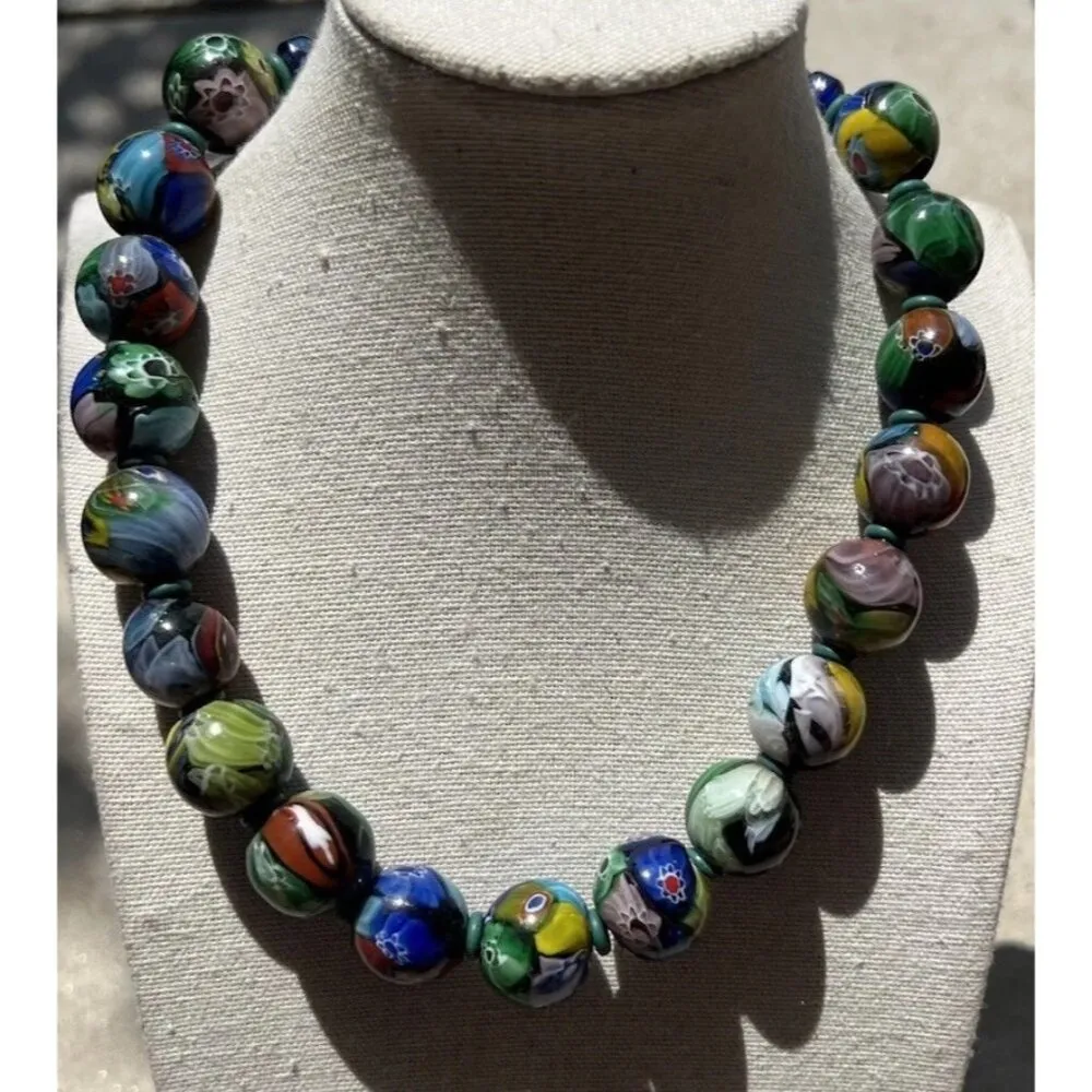 Vintage Colorful Ancient Roman Mosaic Glass Genuine Large Bead Necklace Sz 17” Blue - Image 9