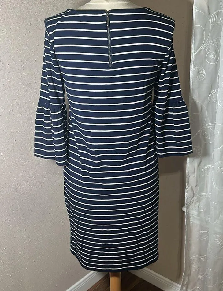 White House Black Market WHBM Navy Blue White Striped Bell Sleeve Dress Medium - Image 4