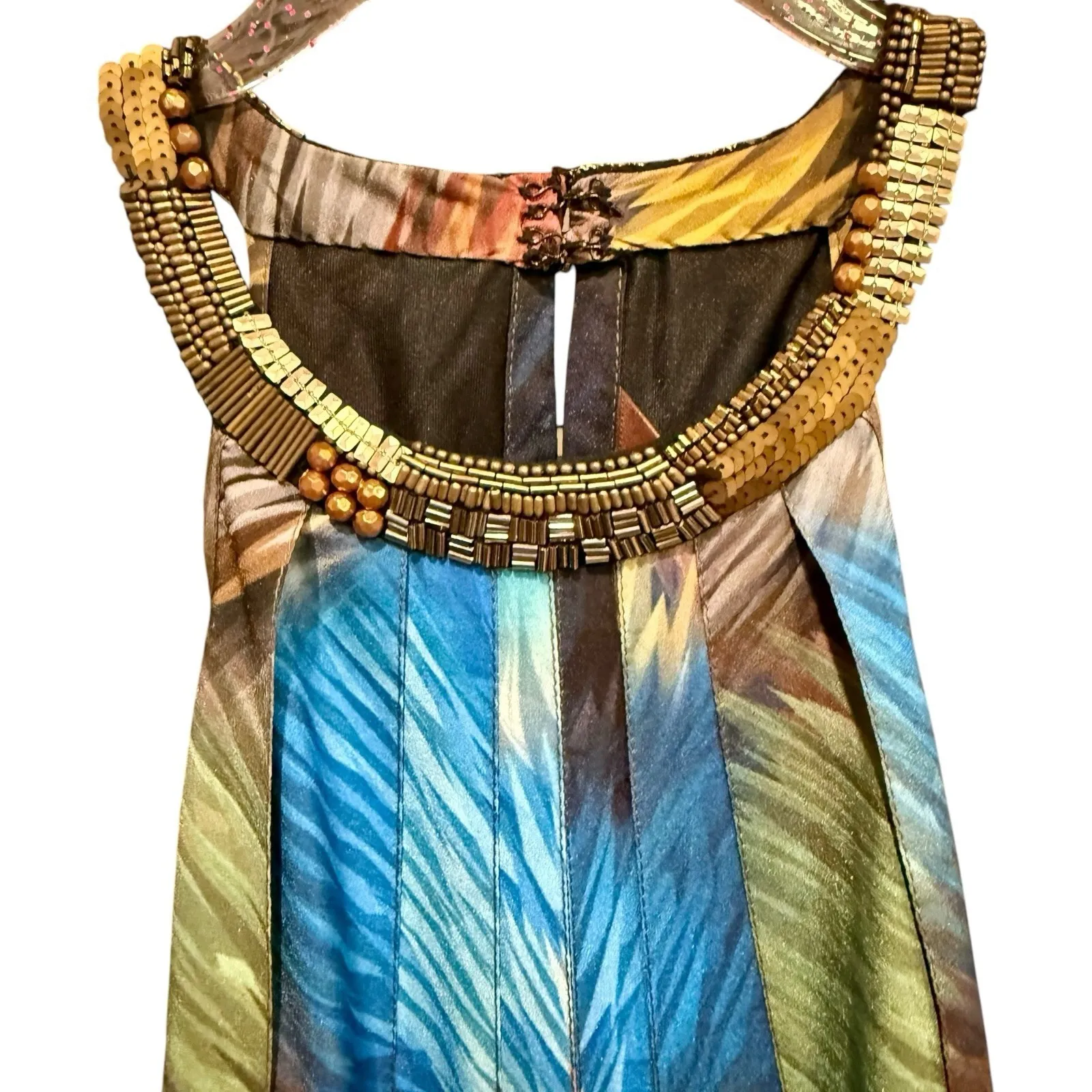 Anthropologie RANNA GILL TROPICALIA Blue Wedding Guest Gold Beaded Maxi DRESS‎ 2 - Image 5