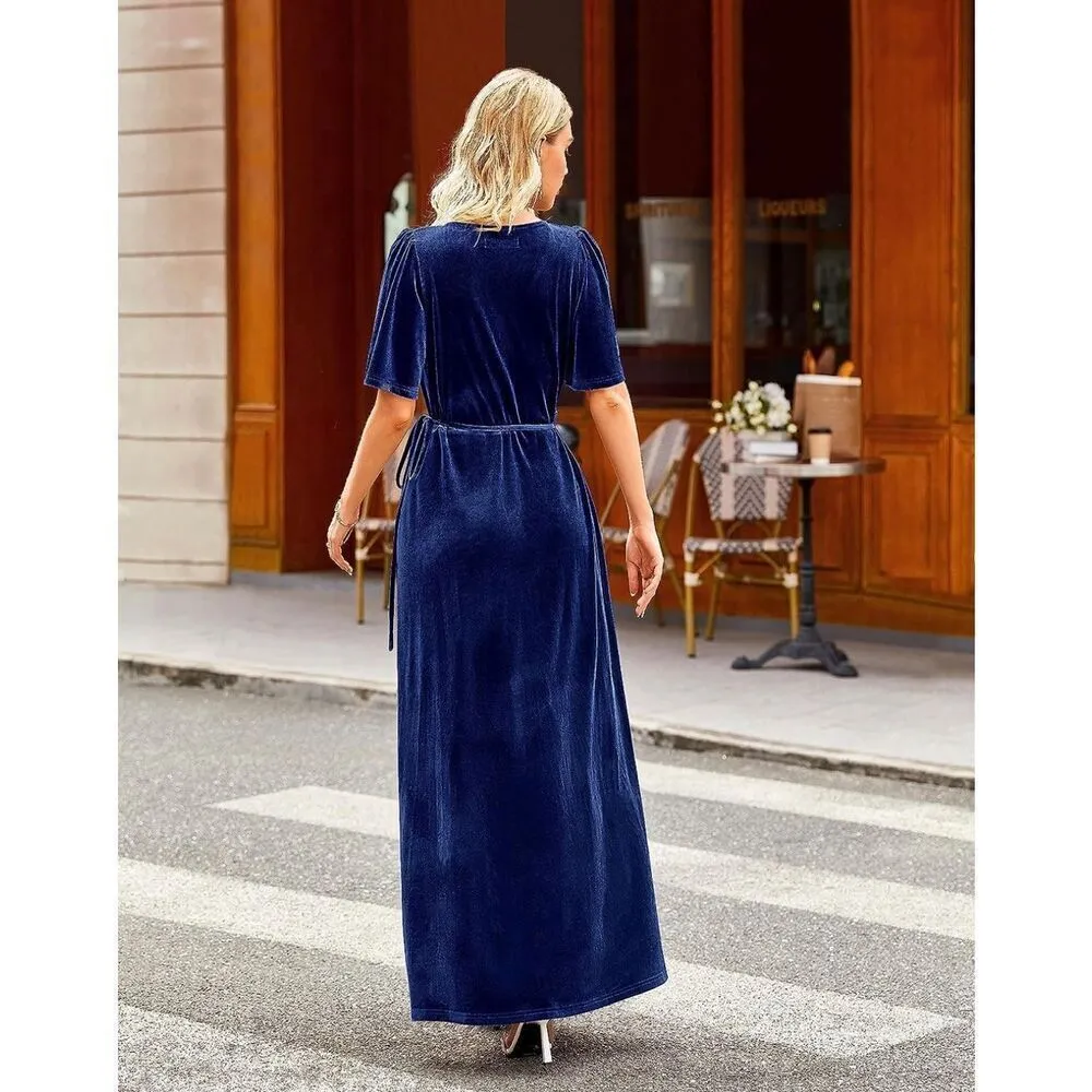 NEW MEROKEETY V Neck Wrap Velvet Maxi Dress Bridesmaid M - Image 6