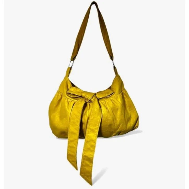 Morelle Yellow Leather Shoulder Bag Bow Accent Slouchy Hobo Bag Purse EUC - Image 5