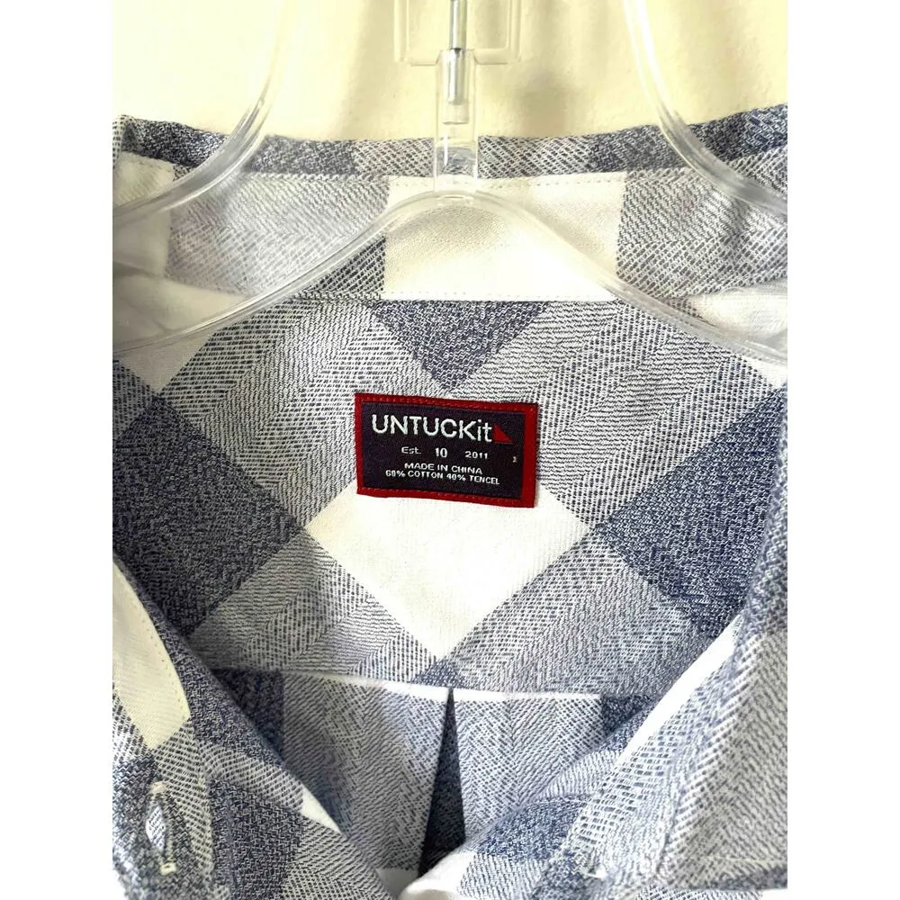 UNTUCKit Plaid Button Down Collared Blouse Shirt Navy Blue White Size 4 NEW - Image 5