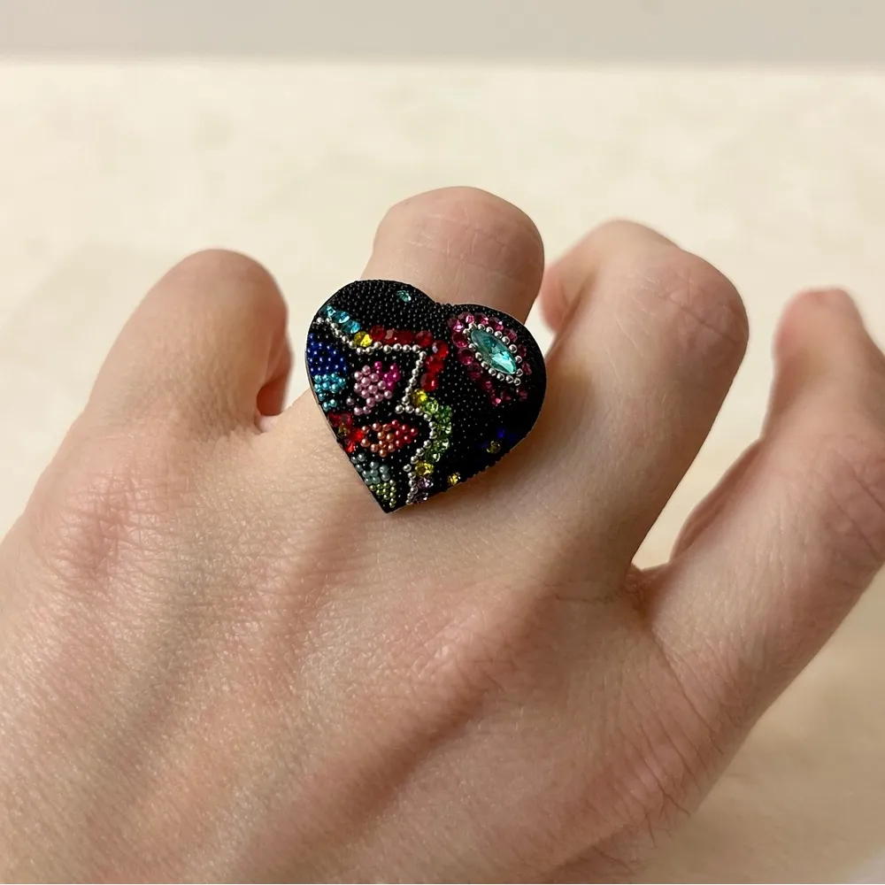 Solid Sterling Silver Micro Mosaic Heart Shaped Ring Size 7 Black - Image 7