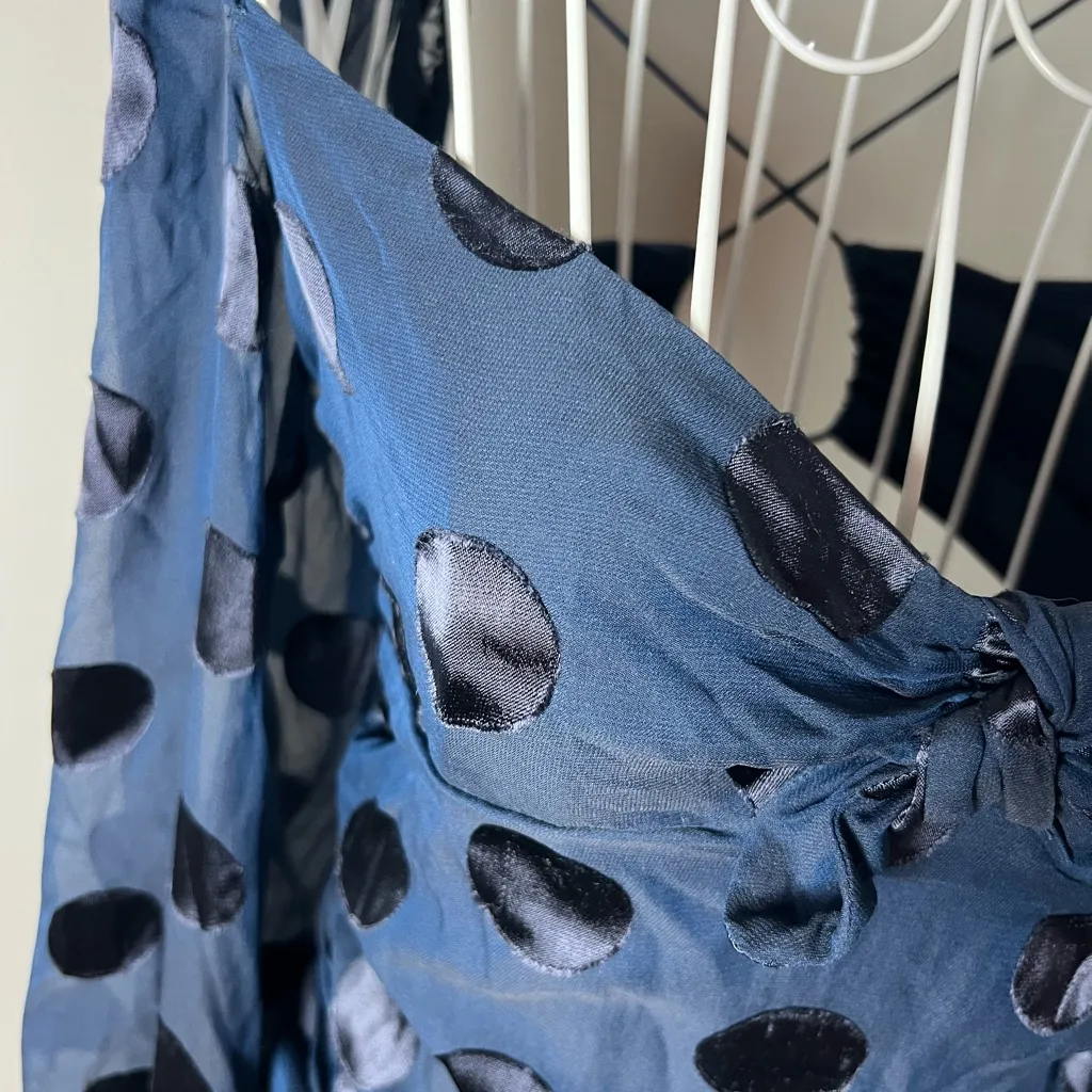 For Love and Lemons Lula Mini Dress Small Navy Blue Polka Dot Chiffon Ruched - Image 5