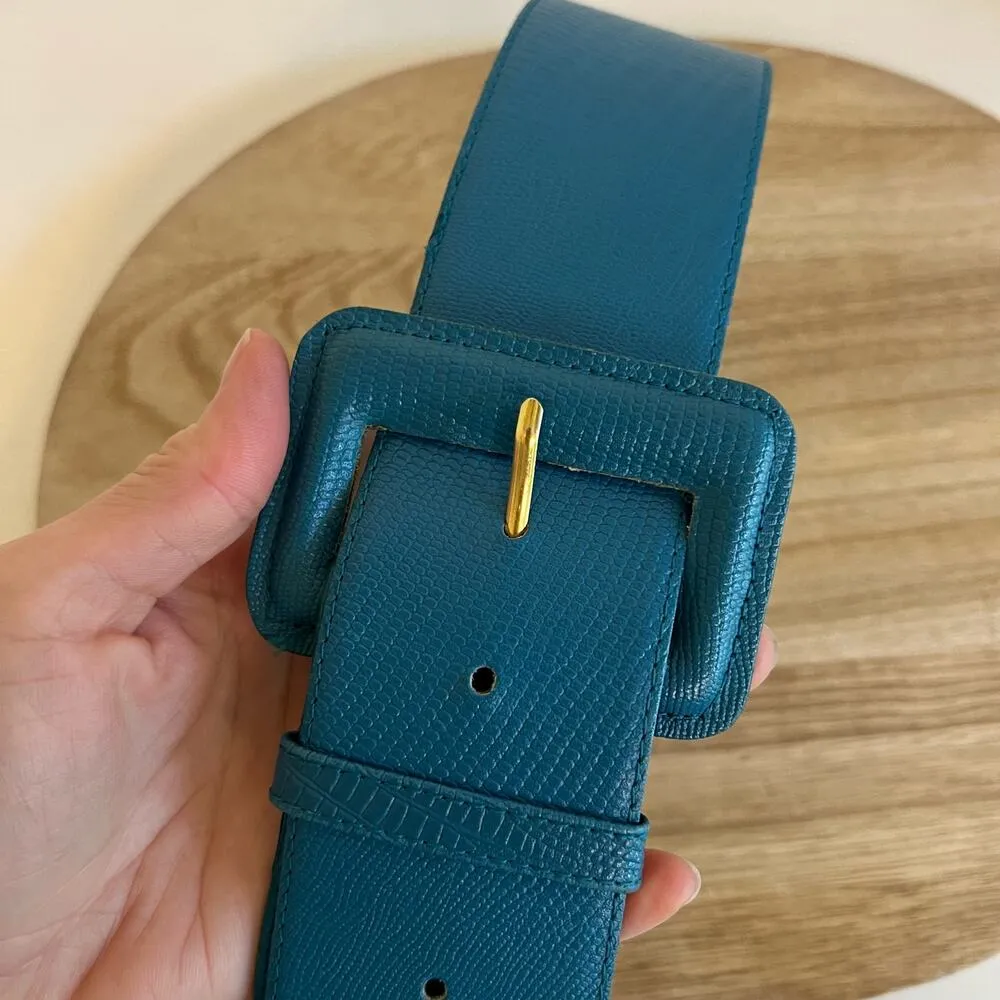 90s Vintage Paul Harris Blue Genuine Leather Wide Snake Print Chunky Belt S/M - Image 2