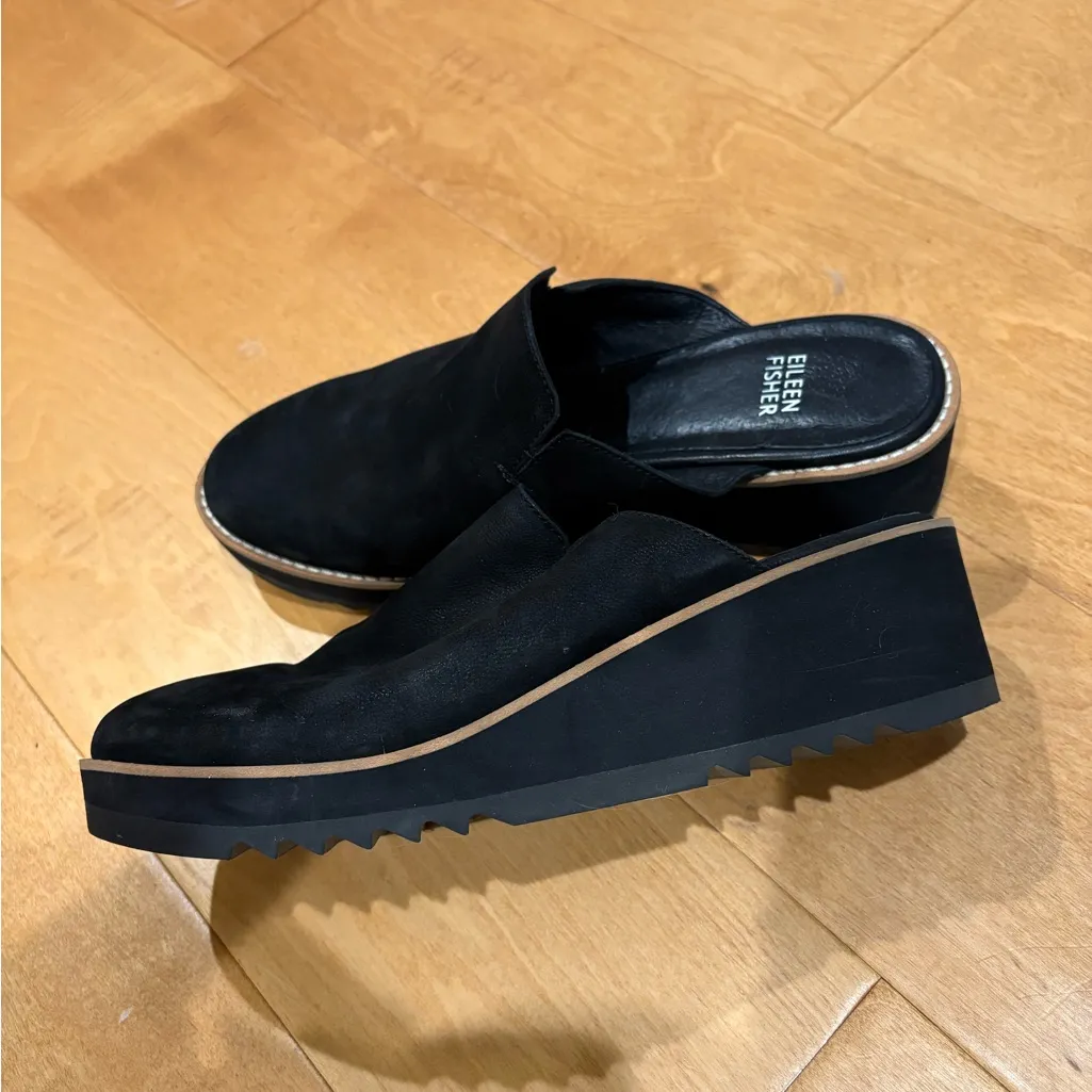 Eileen Fisher Loti black tumbled nubuck leather wedge mule shoes 8.5 - Image 2