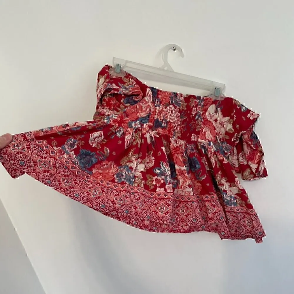 ANGIE Split Neck Top Red Pink Floral Off the Shoulder Short Sleeve Boho Crop Top - Image 13
