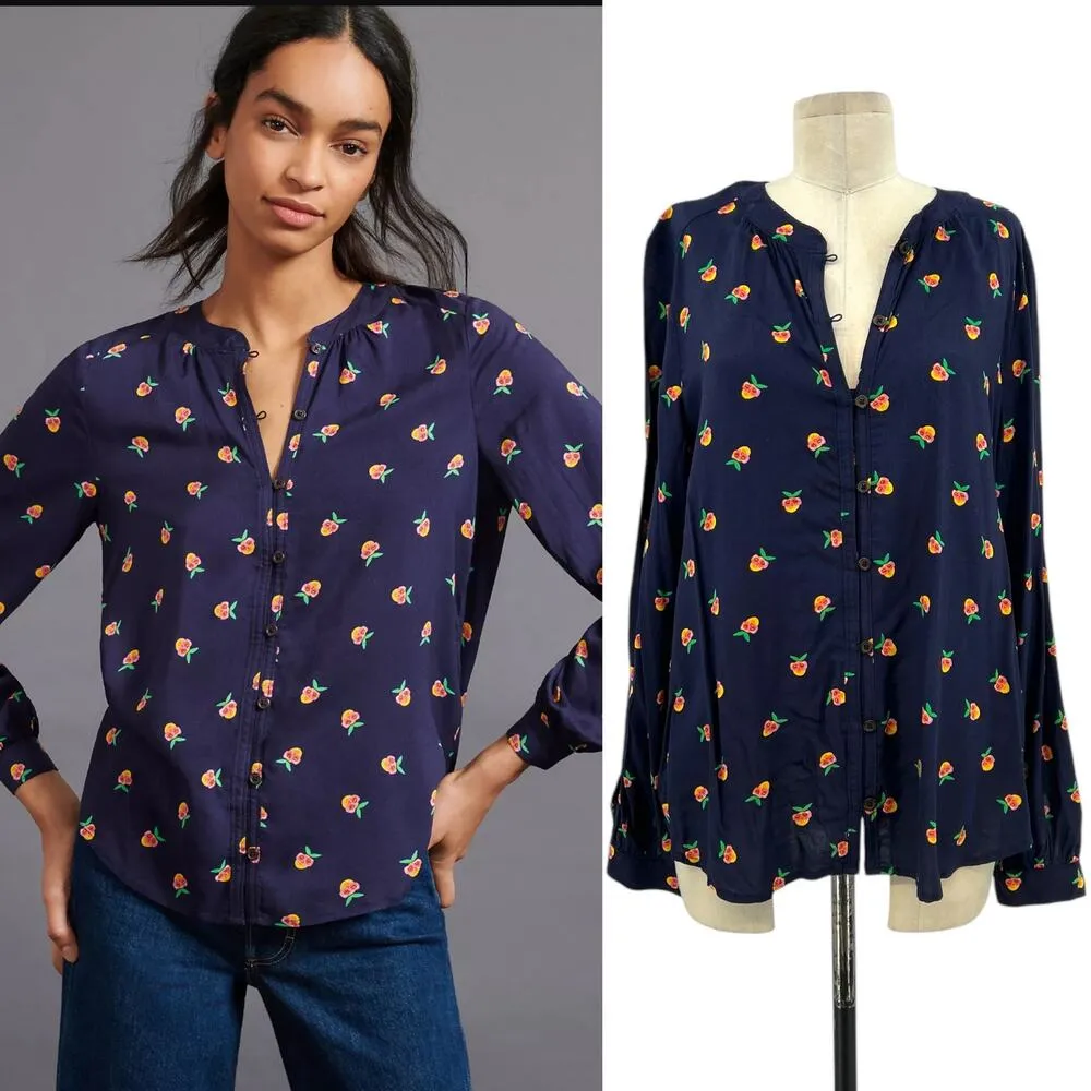 Anthropologie‎ Kendra Dandy Dreamer Buttondown Top Blouse Pineapple Navy Blue 12 - Image 2