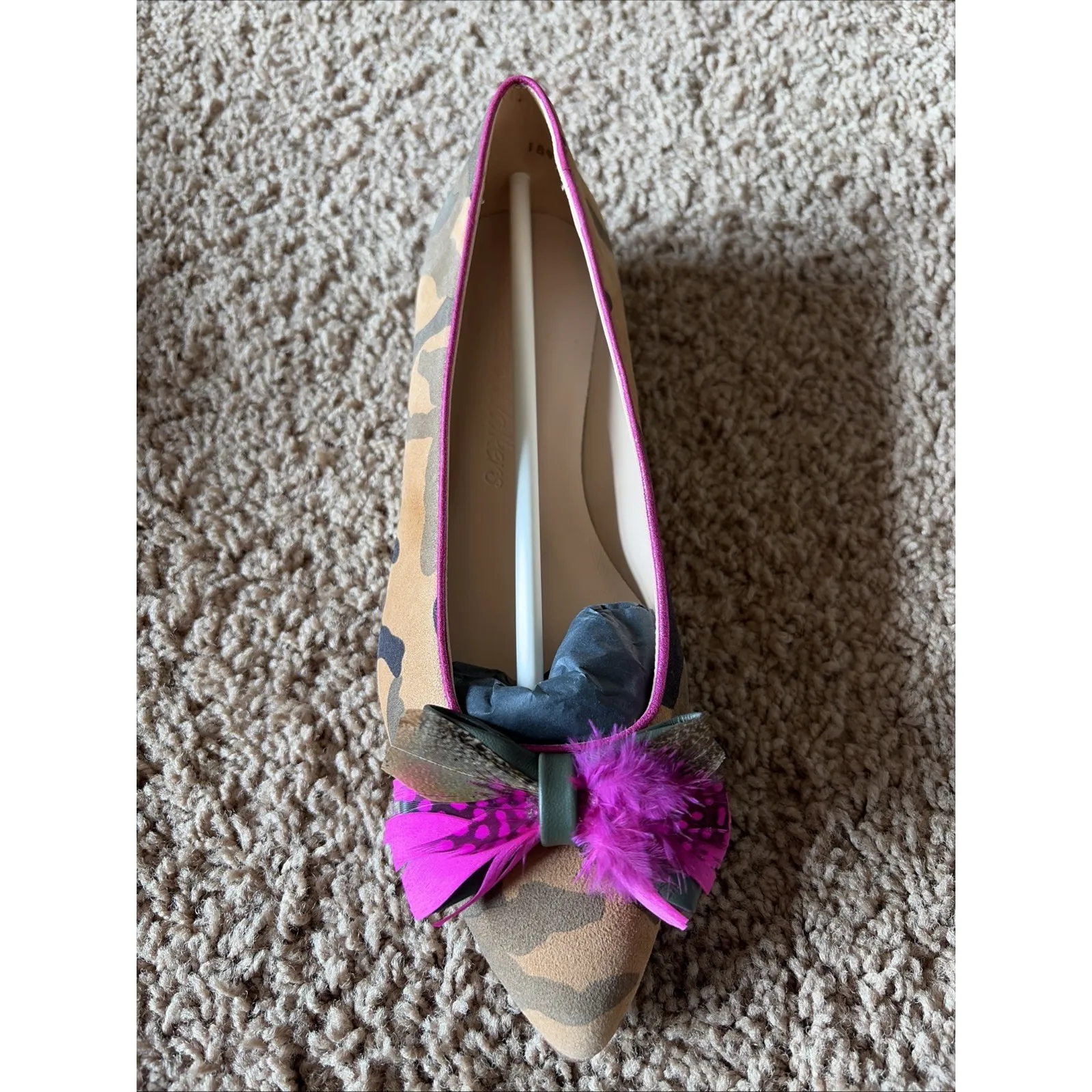 Dream Walkers Artemisa Feather Bow Camo Suede Pointed Flat Shoe 38 Handmade NEW Brown Size 7.5 - Image 2