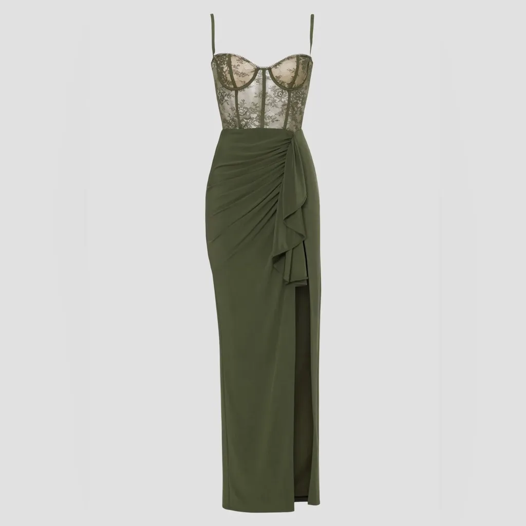 KATIE MAY x‎ Revolve Willow Olive Green Lace Bustier slit Maxi gown Dress size M - Image 4