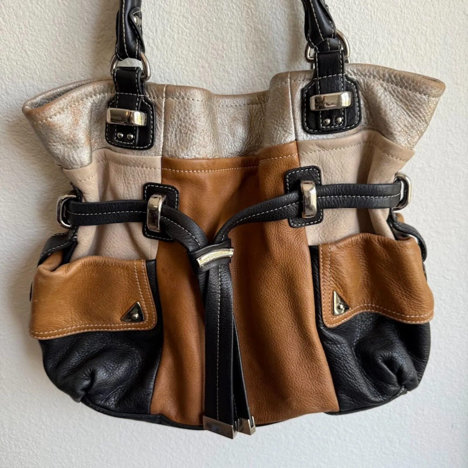 Vintage B. Makowsky Colorblock Leather Satchel Bag in Black Tan Cream & Silver - Image 2