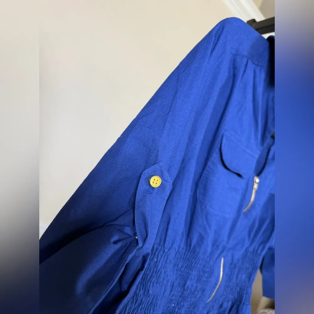 Royal Blue Shirt Dress Zip Front Utility Style 3/4 Sleeve Cinched Waist Large - Image 5