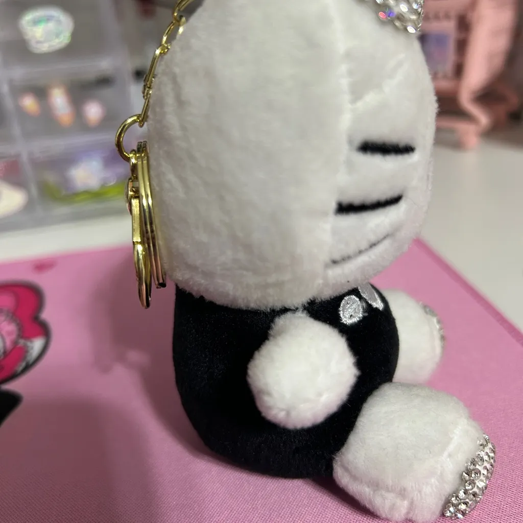 Cute Black and White Hello Kitty bag charm with Rhinestones - Image 2