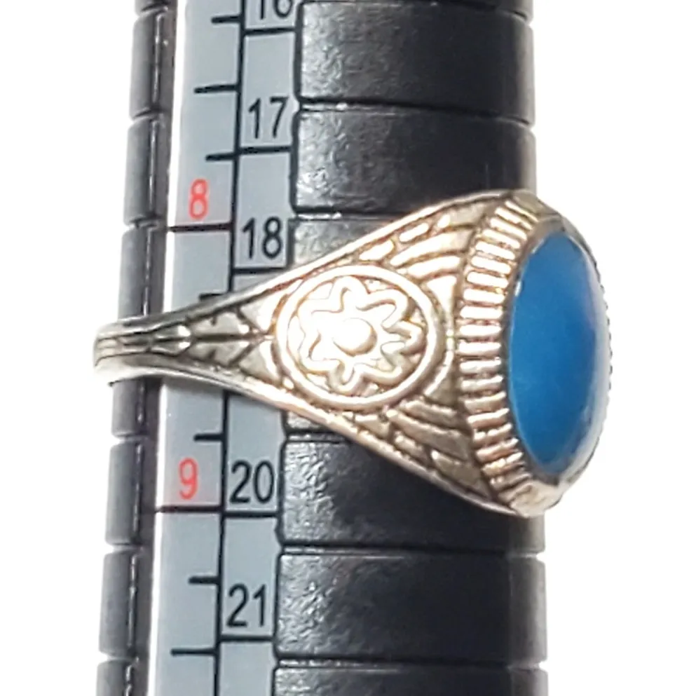 Silver Tone Flower Ring Sz 8.5 Unsigned Blue Cabochon Floral - Image 3