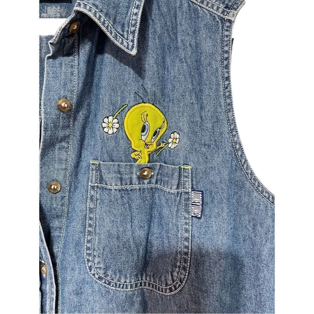 Looney Tunes Vintage Sleeveless Denim Top 90’s Tweety Bird Medium EUC Blue - Image 8