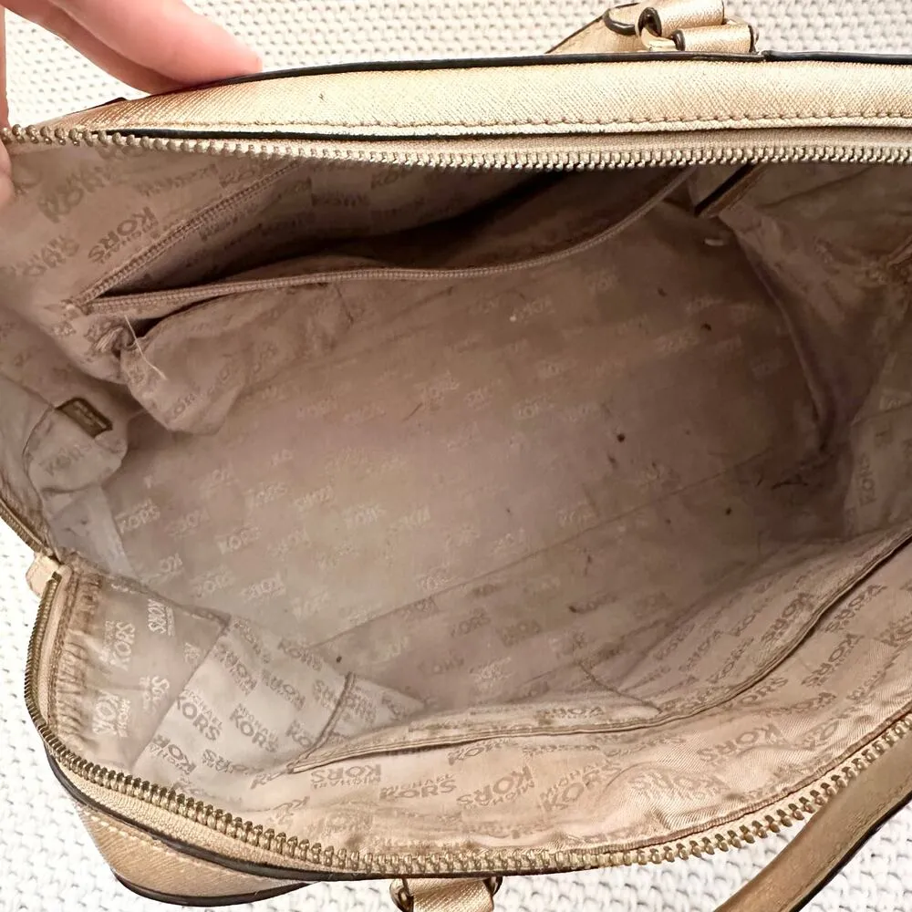 Michael Kors Cindy Gold Metallic Saffiano Leather Dome Shaped Top Handle Satchel - Image 12