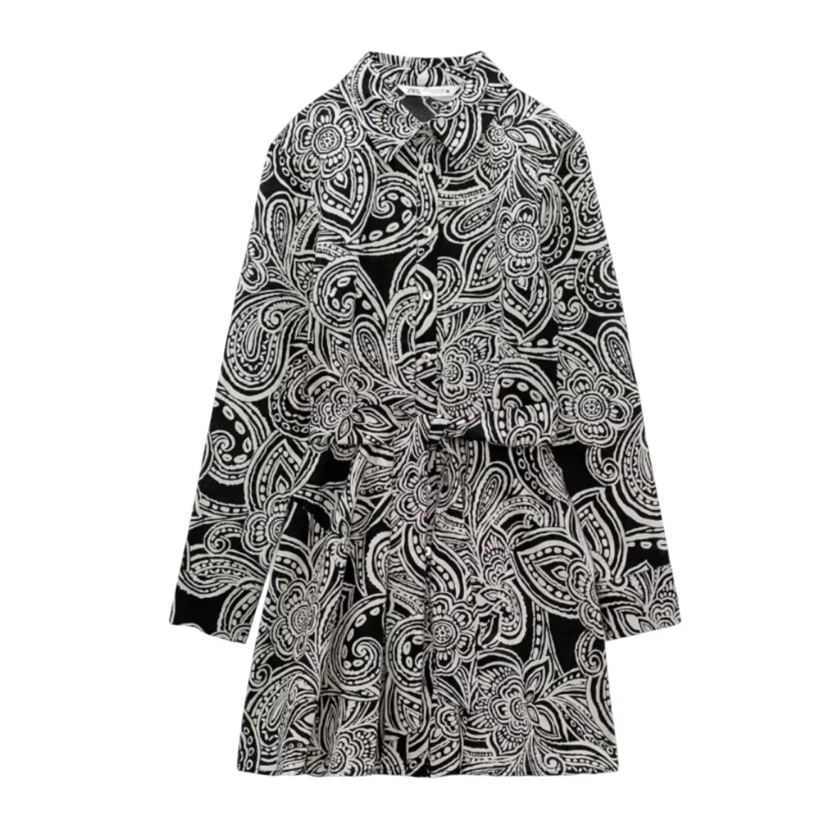 Zara Women's Black & White Paisley Print Long Sleeve Mini Shirt Dress S *no belt - Image 10