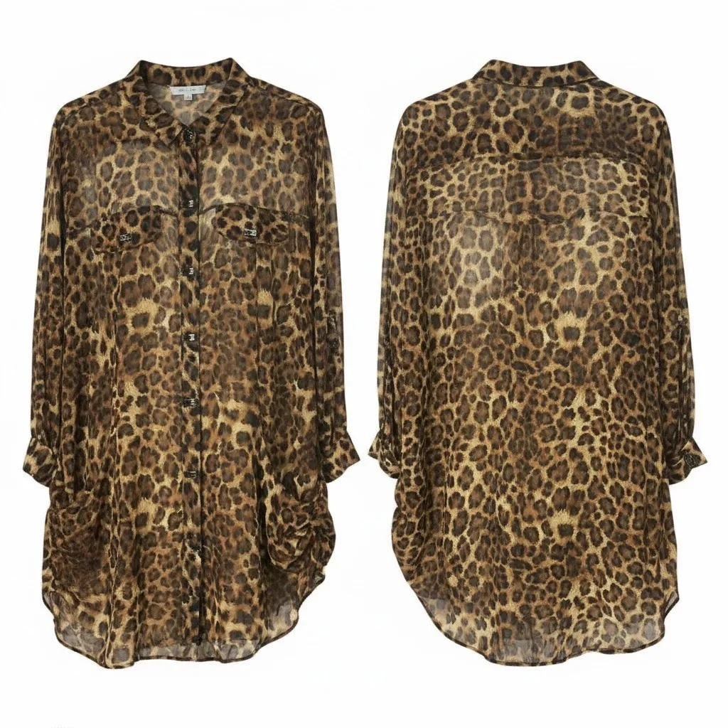 Chic Leopard Print Women's Button Down Shirt Brown Size undefined - Image 2
