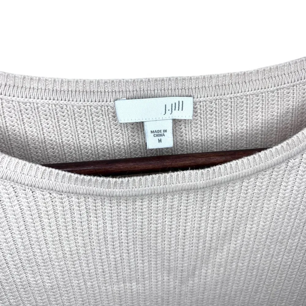 J. Jill Sweater Medium Tight Knit Boat Neck Classic Oatmeal Beige Stretch Cotton - Image 3