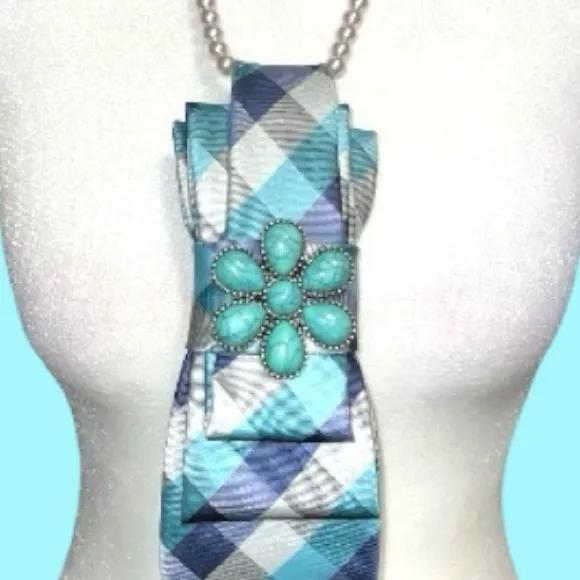 “Dainty Dapper”Blue, aqua and White Plaid Necktie necklace with Turquoise Brooch Blue - Image 3
