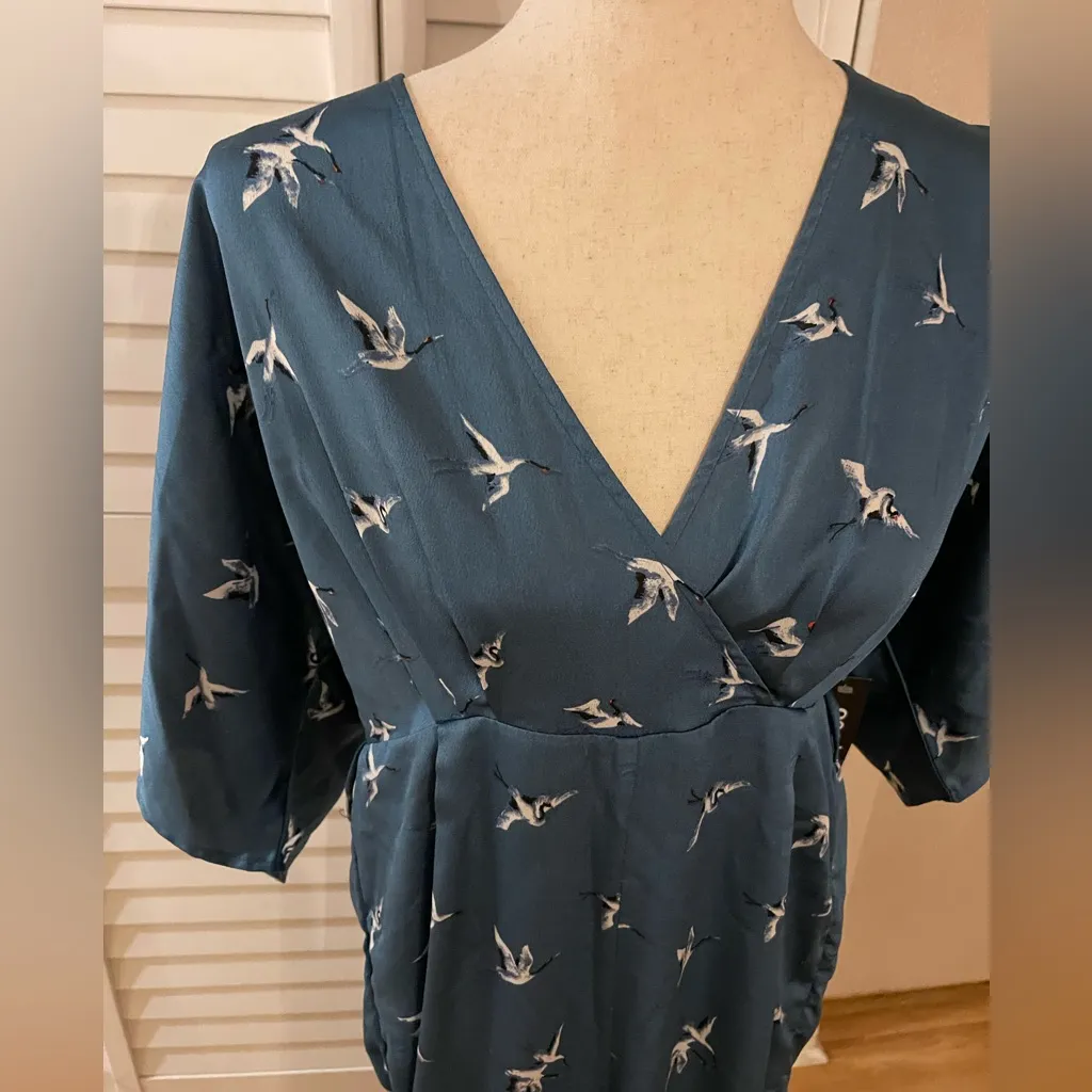 NWT Garota Blue Teal Crane Print Wide Leg Jumpsuit Medium Resortwear Open Back - Image 3