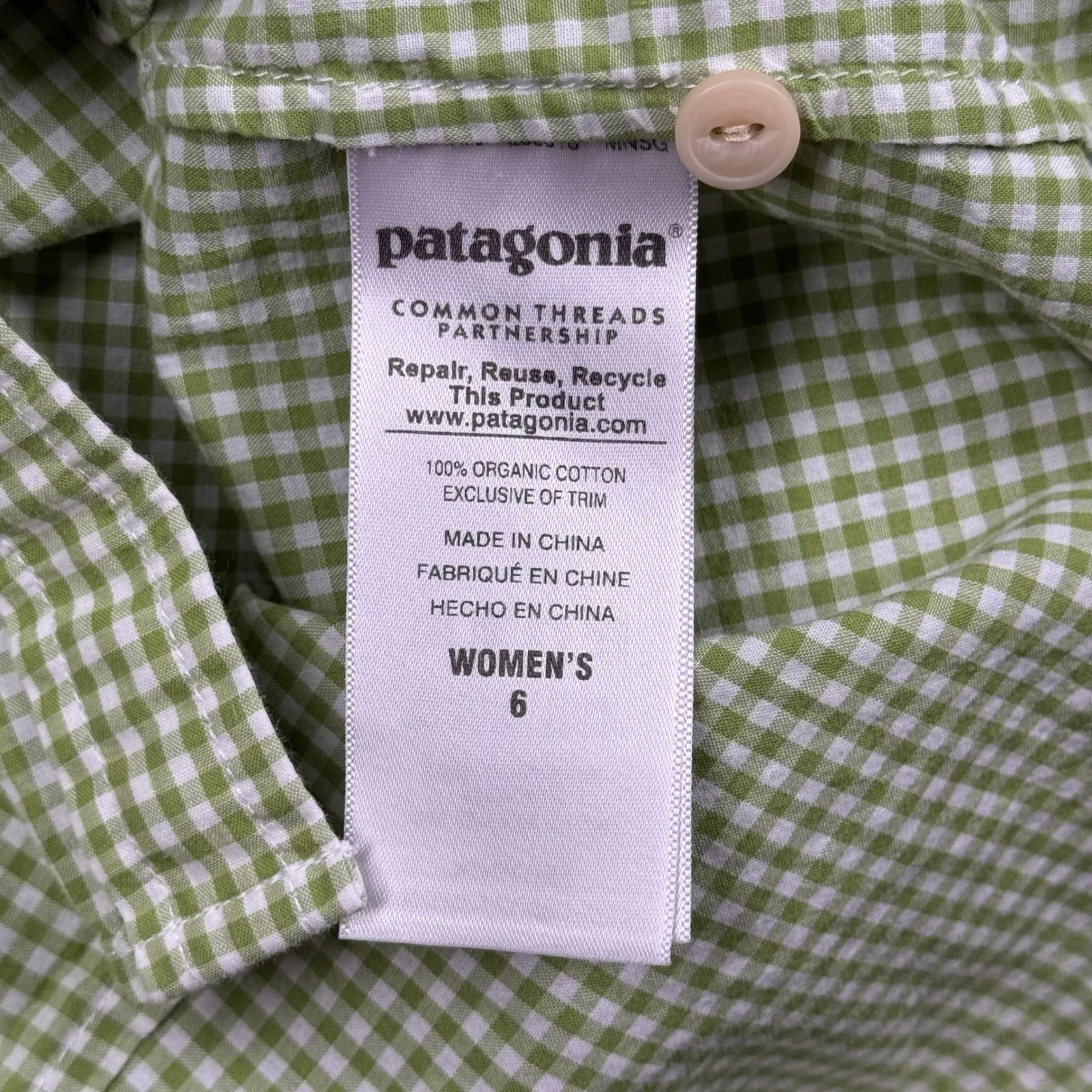 Patagonia Shirt Womens 6 Organic Cotton Gingham Button Down Green White Casual - Image 6