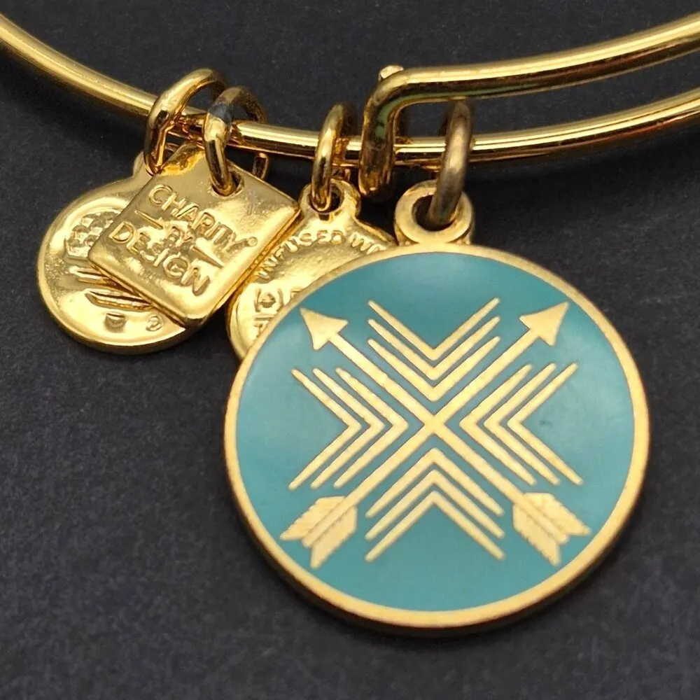 Alex and Ani "Arrows of Friendship" Charm Bracelet Adjustable Gold Tone & Blue - Image 3