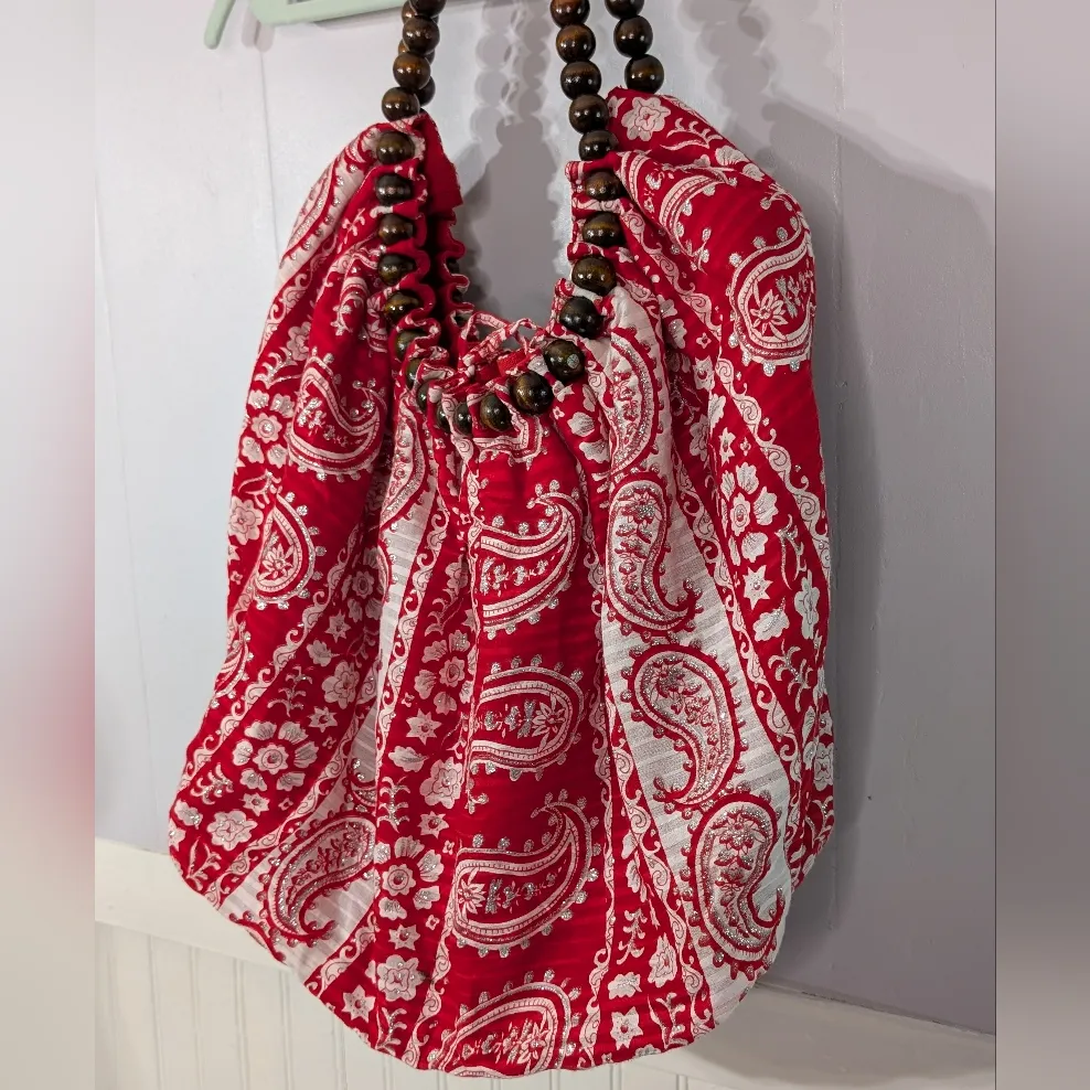 Vintage Y2K Purse Amici Red Hobo Bag Bead Straps Paisley Fabric Purse - Image 4