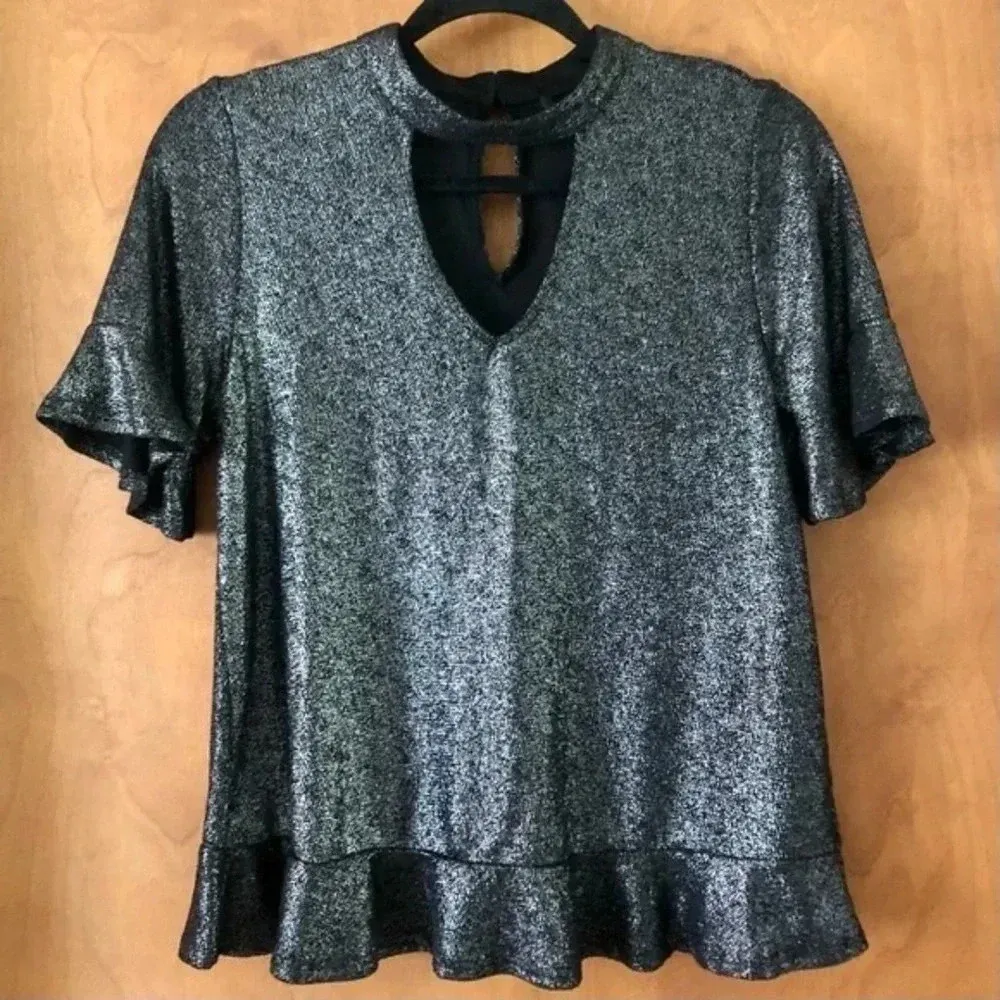 Lucky Brand | Metallic Silver Keyhole Cutout Choker Ruffle Blouse Size XS - Image 8