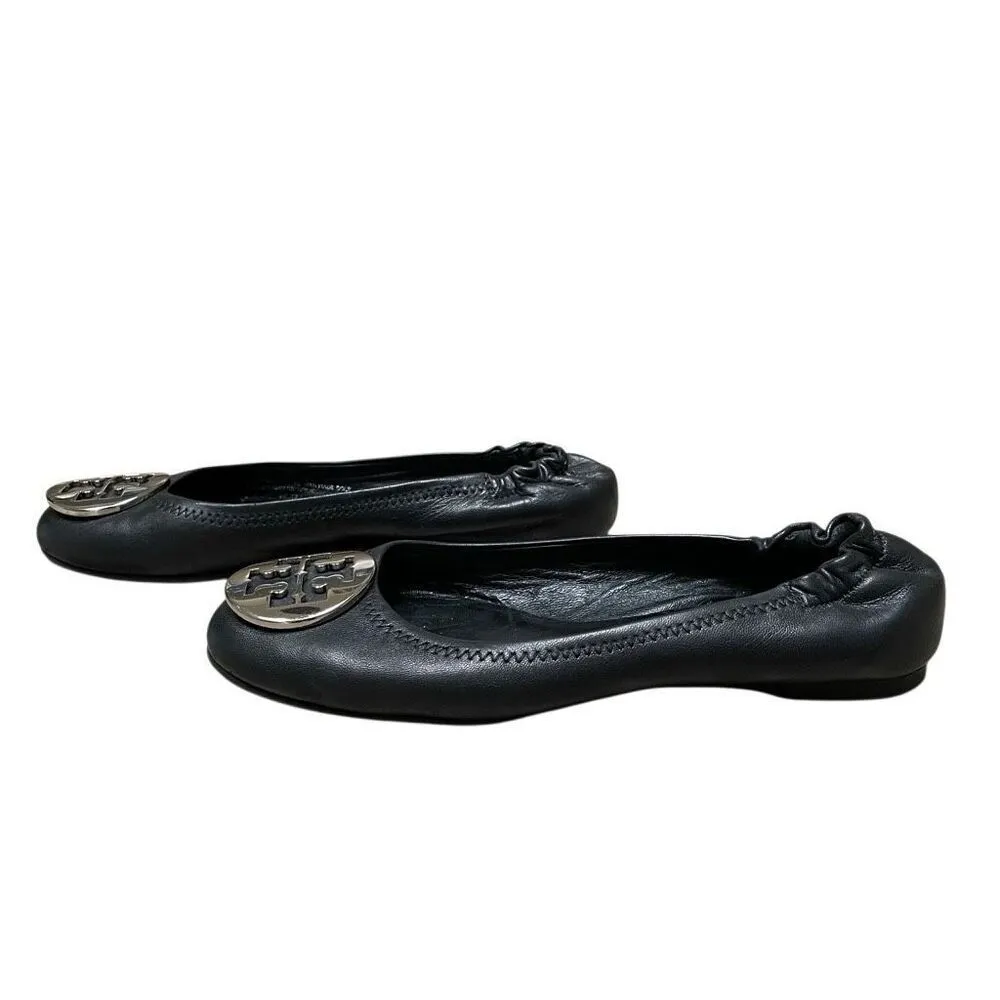 Tory Burch Reva Ballet Flats Women’s 6.5 Travel Black Leather Silver Medallion - Image 3